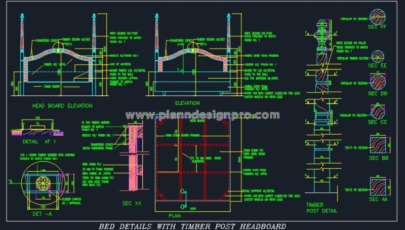 Double Bed DWG Complete Design with Timber Post Headboard