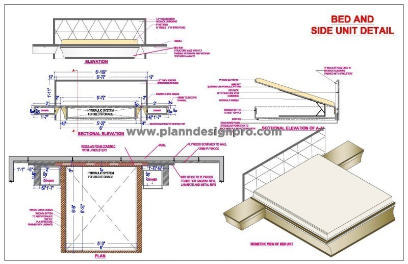Double Bed with Headboard and Side Table CAD Drawing