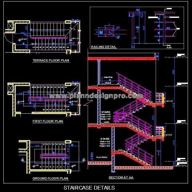 Double Storey Staircase Design with MS Railing in AutoCAD