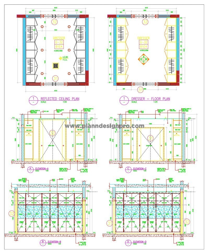 Dresser's Wardrobe Detailed AutoCAD Plan and Elevation