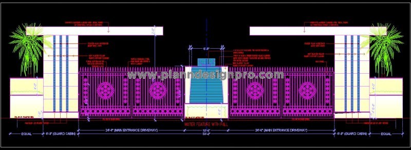 Entrance Gate CAD Design with Waterfall for Township or Commercial