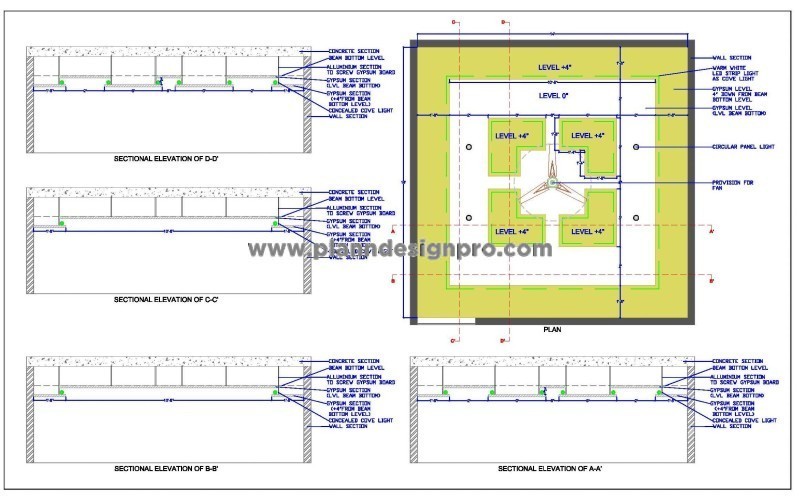 False Ceiling Design 14'x14' - CAD Plan and Sections