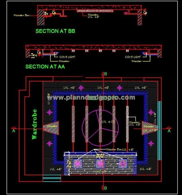 False Ceiling Design for Bedroom Autocad Plan & Section