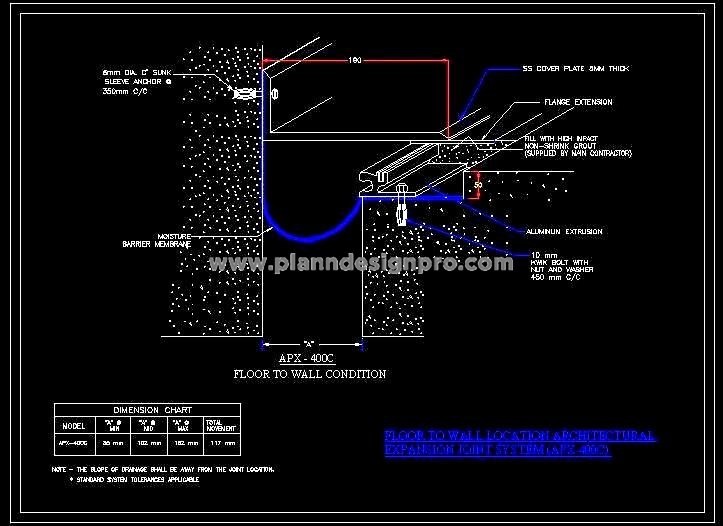 Floor-to-Wall Expansion Joint Detail in AutoCAD with S.S. Cover