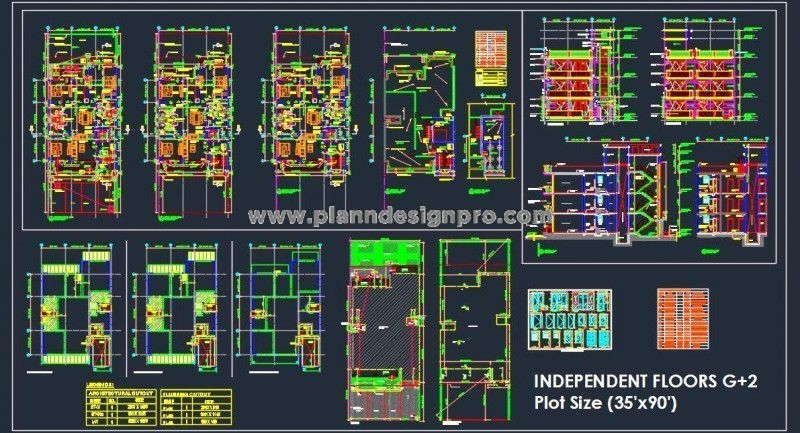 G+2 Residential Floor Plan DWG- 35'x90' Plot with 3BHK Flats