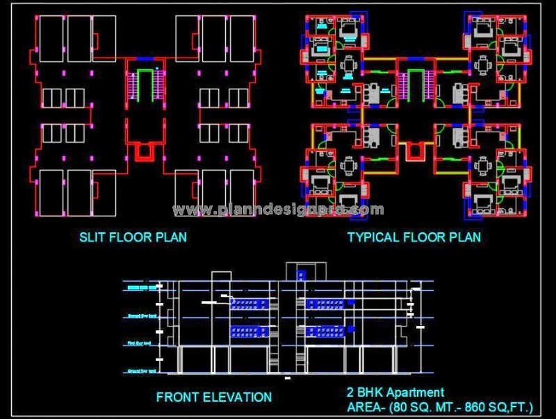 G+2 Residential Tower DWG with 2-Bedroom Apartments Layout