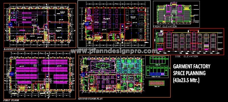 Garment Factory Layout in AutoCAD- G+2 Floors and Basement