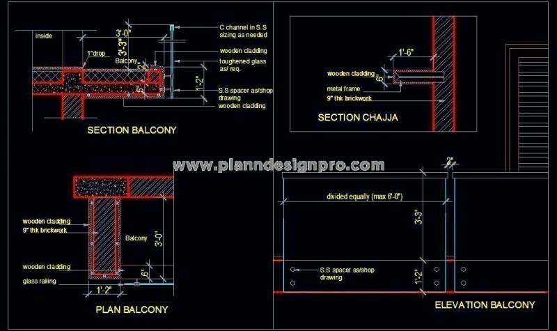 Glass Railing Balcony Detail- Plan, Elevation & Section CAD