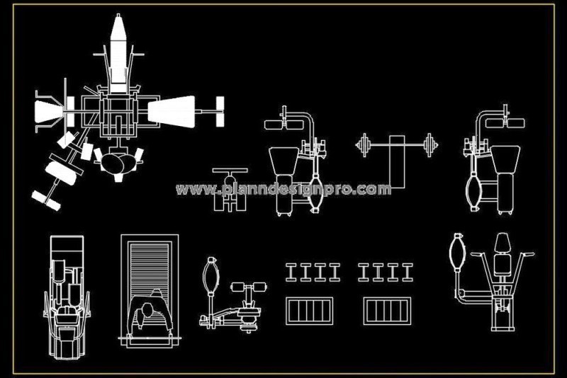 Gym Equipment Free CAD Blocks - Treadmill, Cross Trainer, Dumbbells