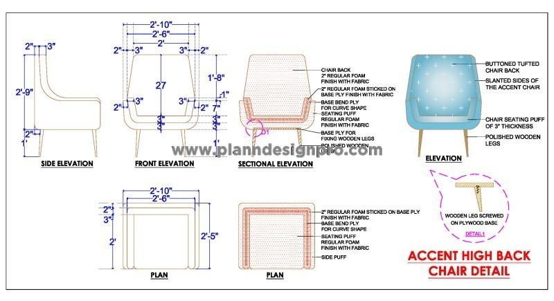 High Back Accent Chair with Wooden Legs- AutoCAD DWG