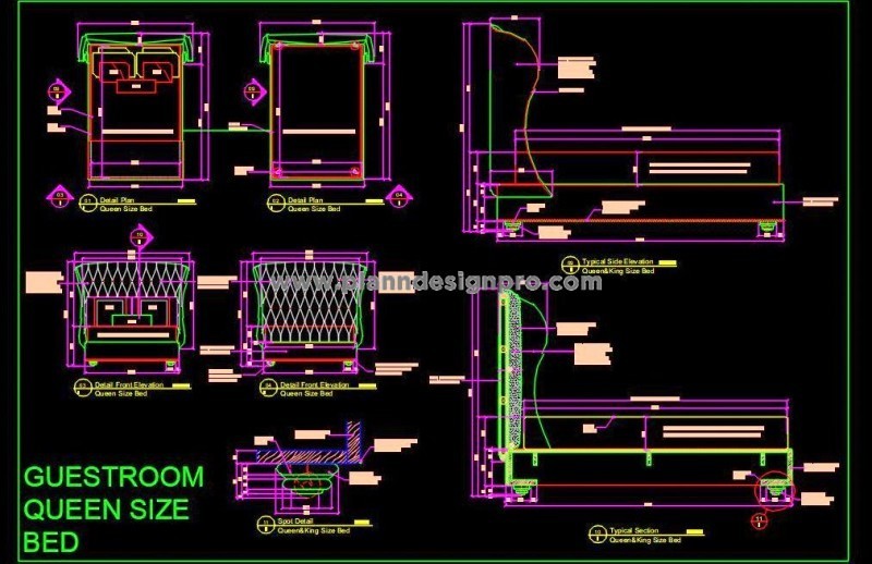 Hotel Queen Bed Design with Tufted Wingback - DWG File