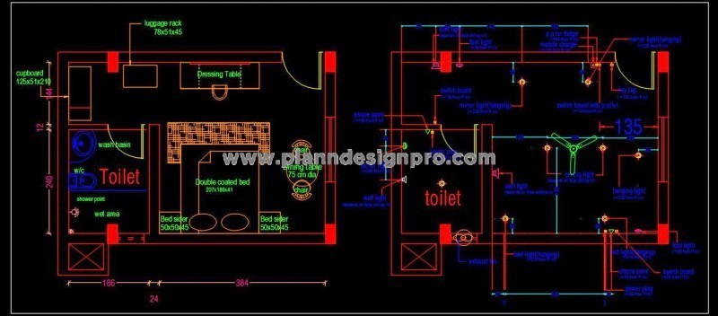 Hotel Room Design Free DWG- Bedroom & Toilet with Interior Layout