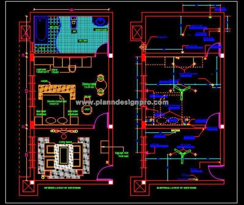 Hotel Suite Room Autocad Drawing- Interior & Electrical Plans
