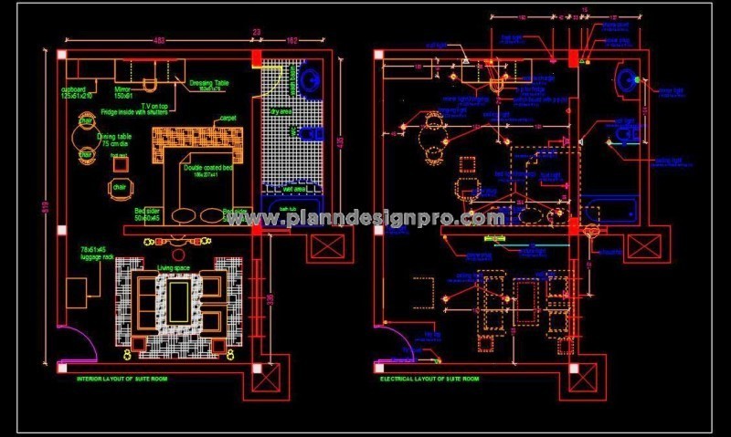 Hotel Suite Room Design DWG- Complete Furniture and Electrical Plan