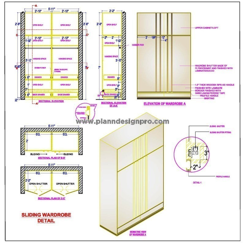 In-depth Sliding Wardrobe CAD Detail (6' Length)