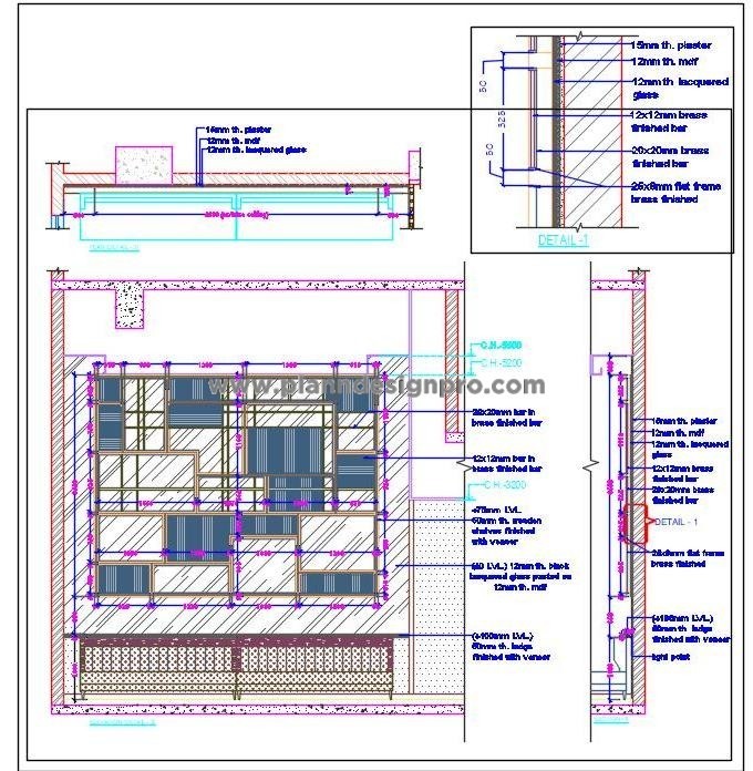 Interior Feature Wall CAD Drawing- Veneer, Glass, Brass, Wood