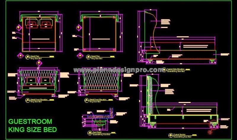 King Size Hotel Bed CAD Design with Tufted Wingback Headboard