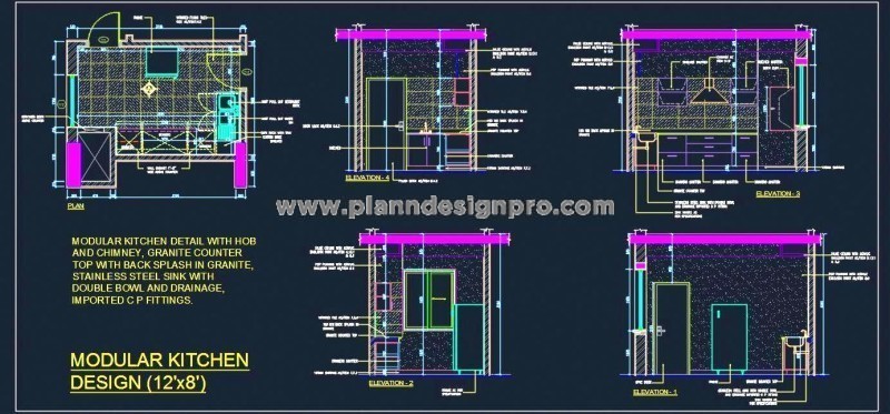 Kitchen Design DWG 12'x8' with Granite Counter & Storage