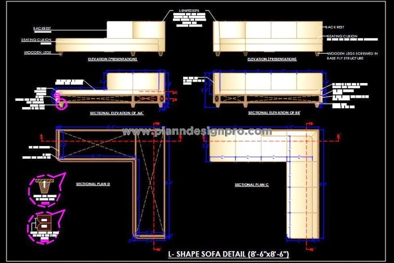 L-Shape Sofa CAD Detail with Wooden Legs