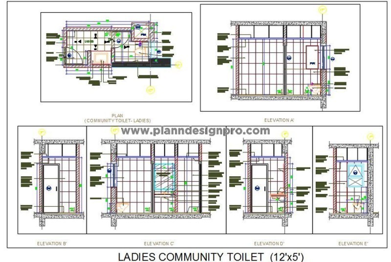 Ladies Restroom CAD Drawing- 12'x5' with WC and Basin Layout