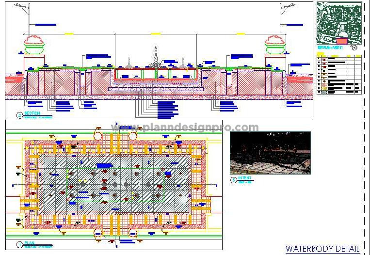 Large Water Body Design with Fountain Jets - AutoCAD DWG