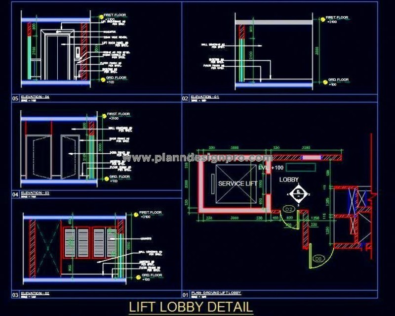 Lift Lobby Design in AutoCAD- Marble & Paint Finish