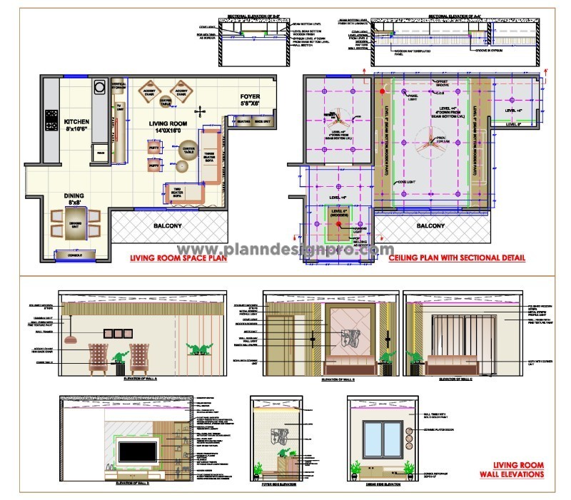 Living & Dining Room DWG- Detailed Design, Ceiling, and Layout