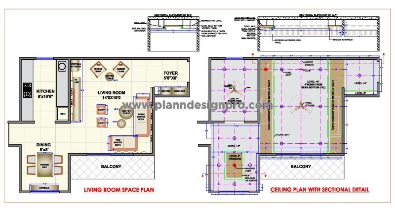 Living Room & Dining Area CAD- Layout with Ceiling Design