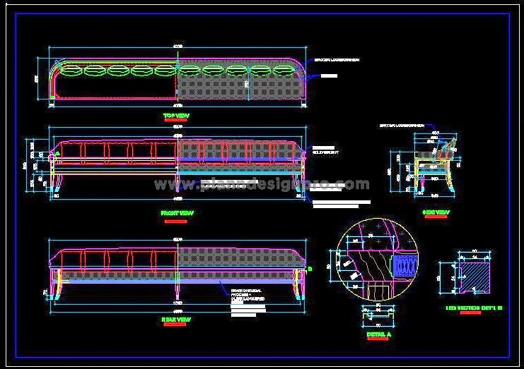 Long Upholstered Sofa CAD Block with Working Drawing