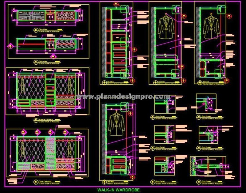 Luxurious Walk-In Closet CAD Drawing with Fabric & Stone Finish