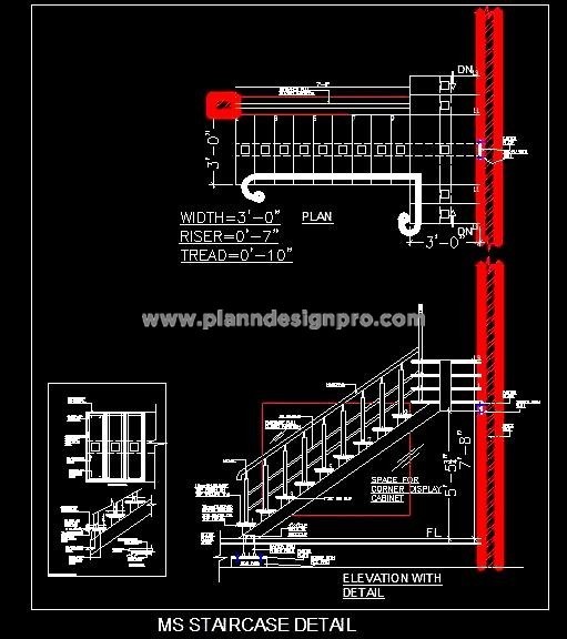MS Frame Staircase DWG with Stone Steps and Steel Railing