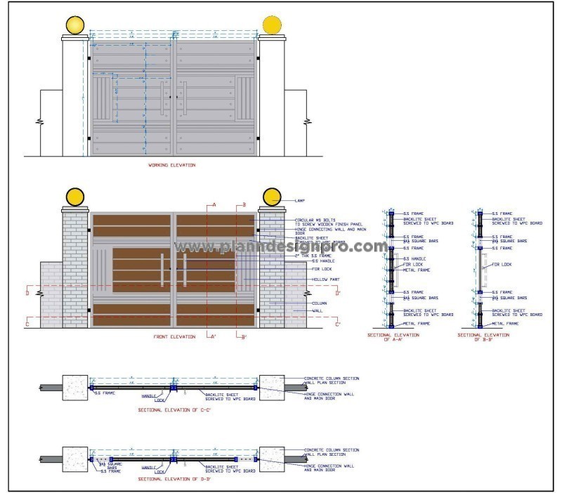 Main Gate AutoCAD Drawing Detailed Plan, Elevation, Sections
