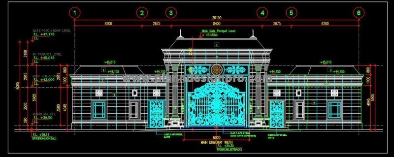 Main Gate and Compound Wall CAD Drawing for Building Entrance