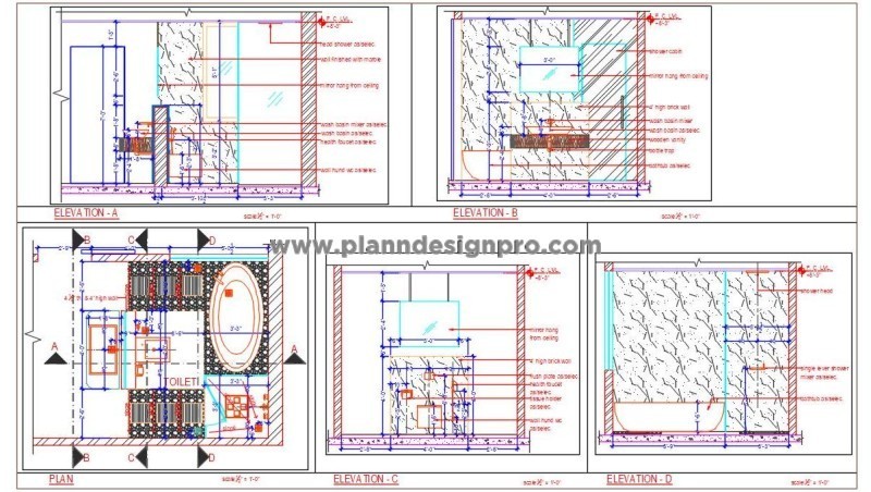 Master Bathroom CAD Drawing - Detailed Layout & Elevation