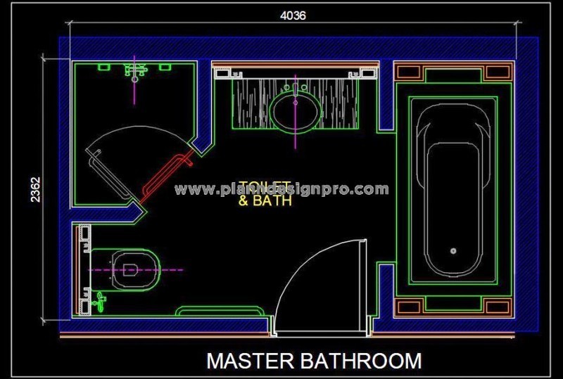 Master Bathroom Layout CAD Detail - Toilet and Bath