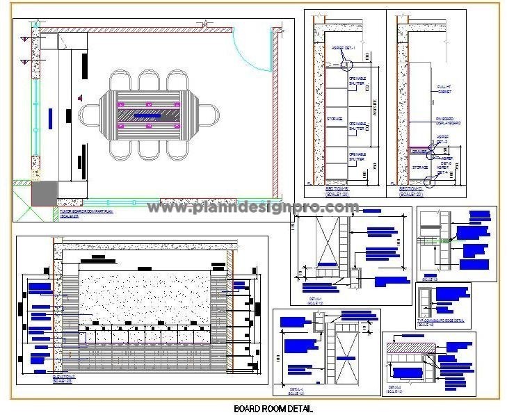 Meeting Room Design CAD- Layout, Wall Paneling, and Storage