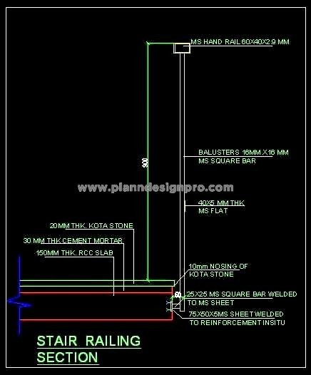 Mild Steel (MS) Stair Railing Fixing Details- Free DWG