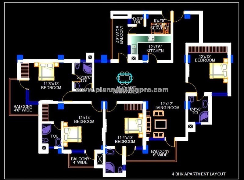 Modern 4 BHK Apartment Layout - Autocad DWG
