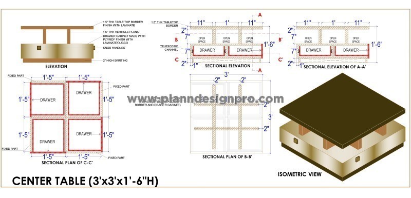 Modern Square Center Table CAD Drawing and Details