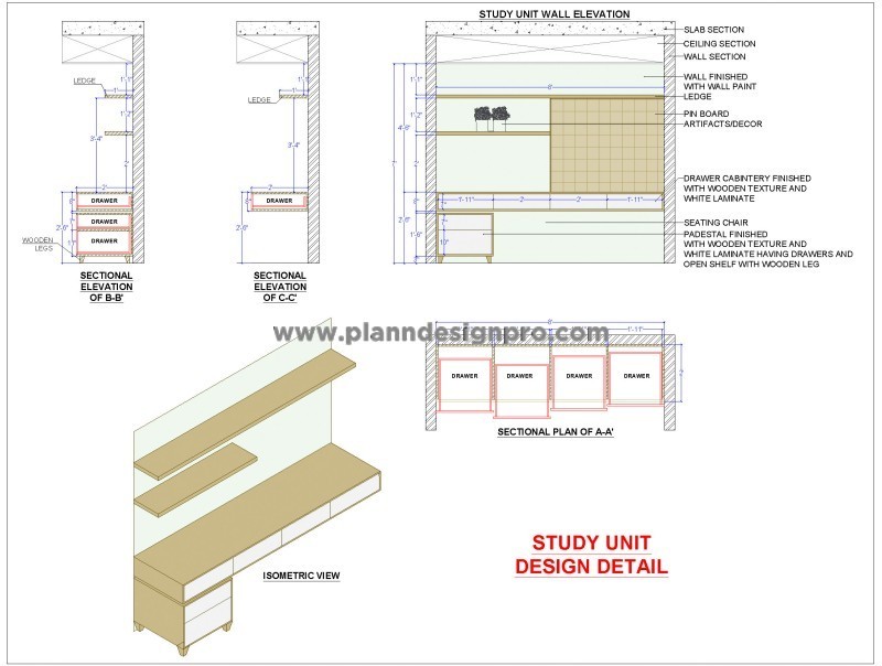 Modern Study Table AutoCAD Drawing with Storage Details
