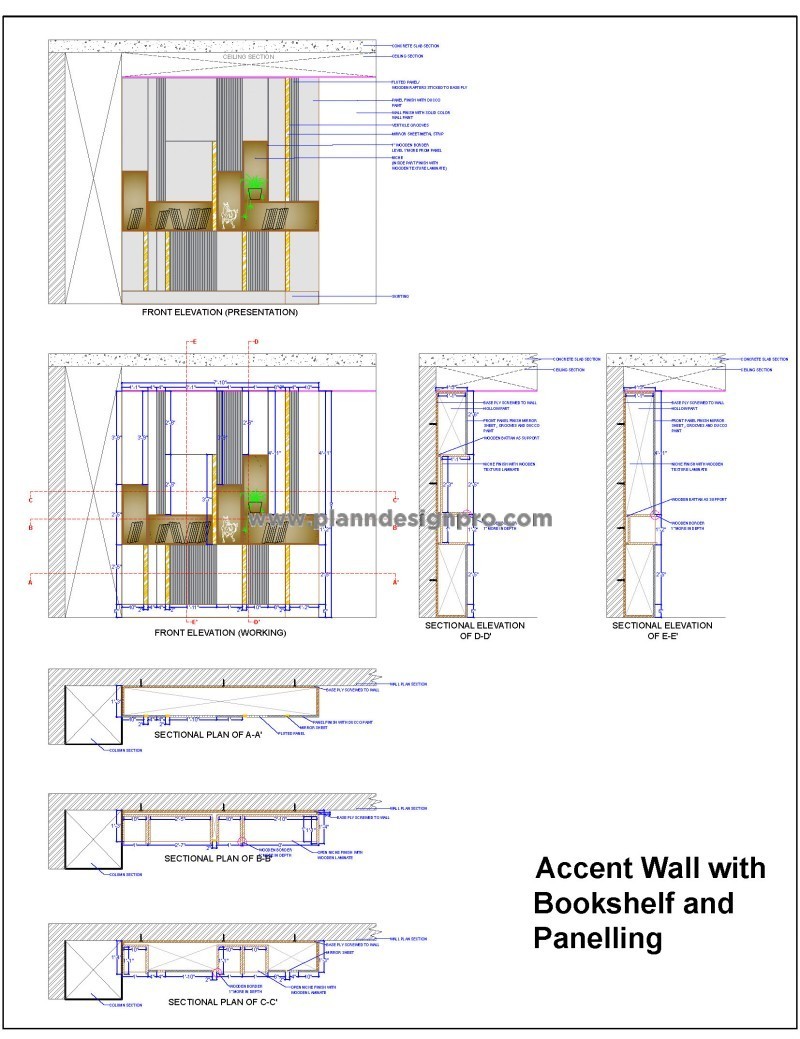 Modern Wall Panelling with Integrated Bookshelf CAD Detail