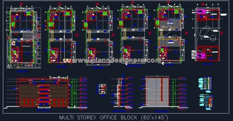 Multi-Storey Office Block DWG with Detailed Elevations