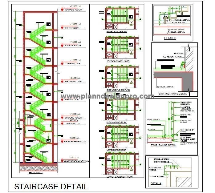 Multi-Storey Staircase CAD Drawing with Detailed Plans