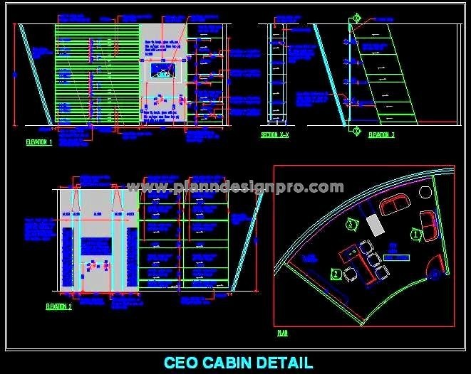 Office Cabin Interior DWG- Inclined Facade & Material Details