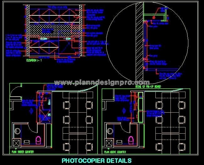Office Printing Area CAD Detail with Storage and Pin-Up Board