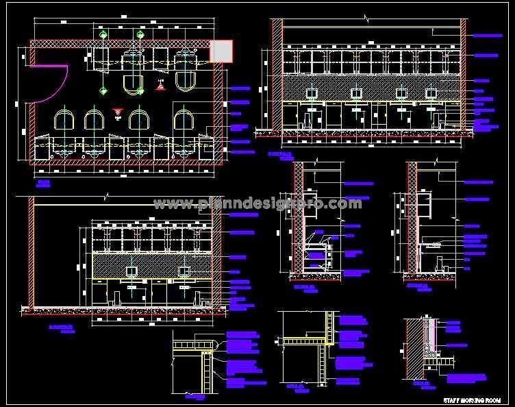 Office Room Layout CAD- 6 Desks with Overhead Storage
