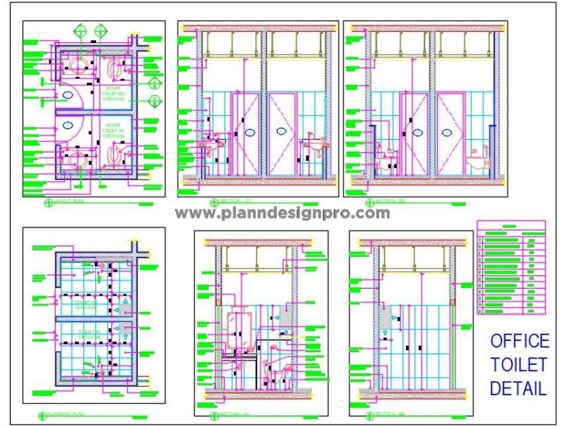Office Toilet Block CAD- Male & Female Powder Rooms DWG
