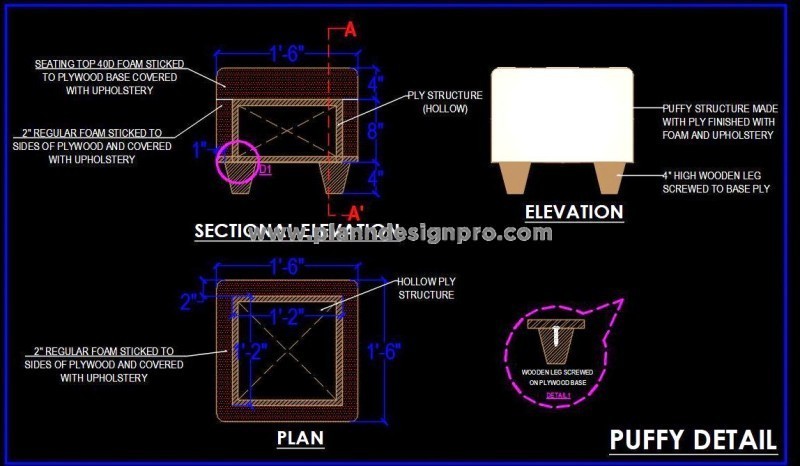 Ottoman and Pouf CAD Block Detailed Furniture Drawing