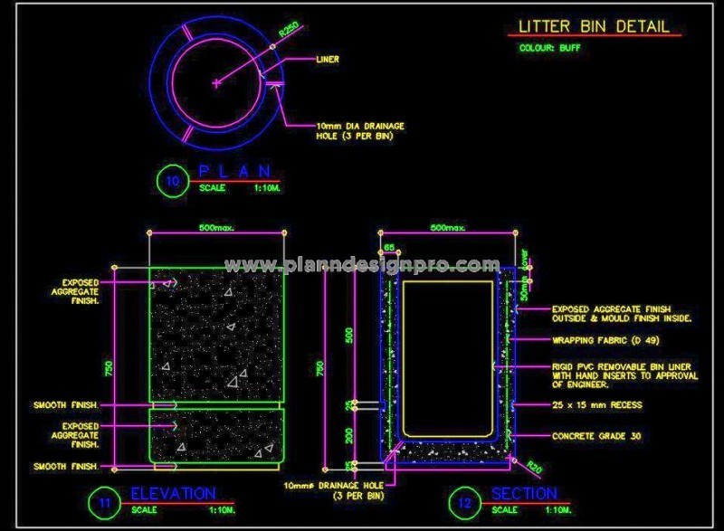 Outdoor Trash Bin CAD Block - Design Details