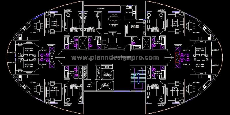 Oval Building Tower CAD- 2BHK Apartment Layout Design